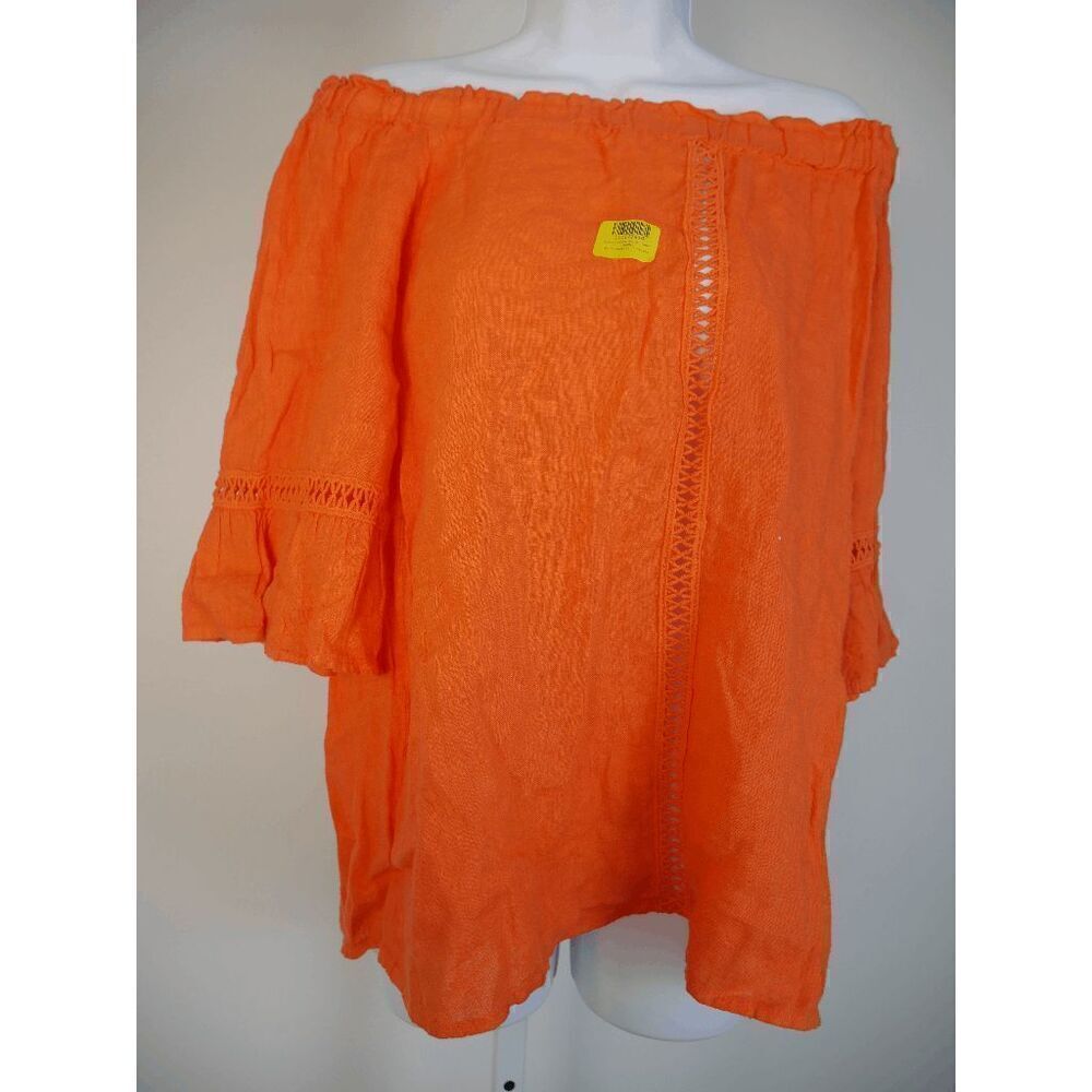 Women's Orange Eyelet Accent Bell Sleeve Peasant TOP 100% Linen L